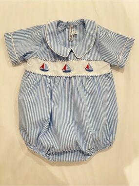Sweet Dreams Blue & White Striped Baby Bubble with Sailboat Embroidery